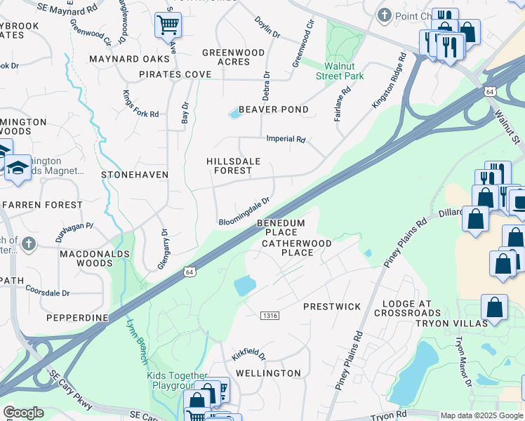 map of restaurants, bars, coffee shops, grocery stores, and more near 1313 Bloomingdale Drive in Cary