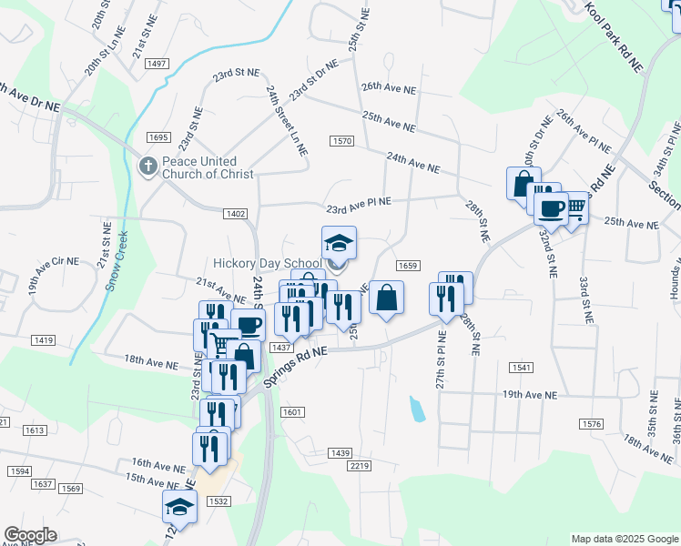 map of restaurants, bars, coffee shops, grocery stores, and more near 2535 21st Avenue Northeast in Hickory