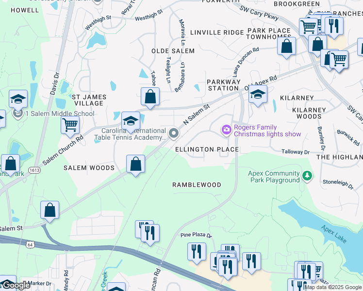 map of restaurants, bars, coffee shops, grocery stores, and more near 860 Bay Bouquet Lane in Apex