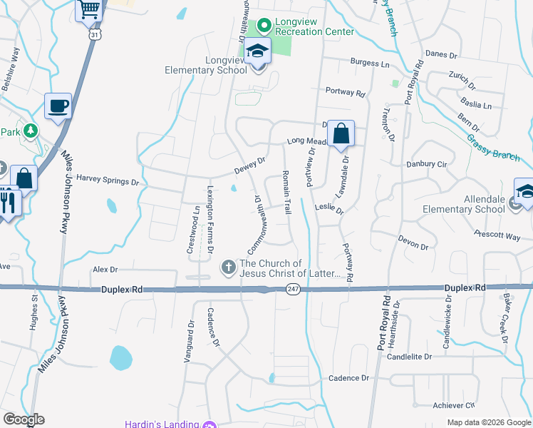 map of restaurants, bars, coffee shops, grocery stores, and more near 6009 Romain Court in Spring Hill