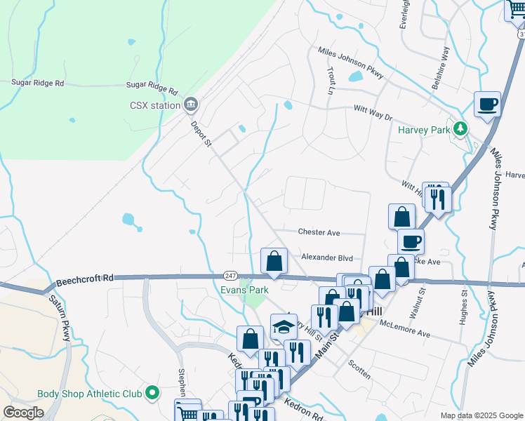 map of restaurants, bars, coffee shops, grocery stores, and more near 2452 Depot Street in Spring Hill
