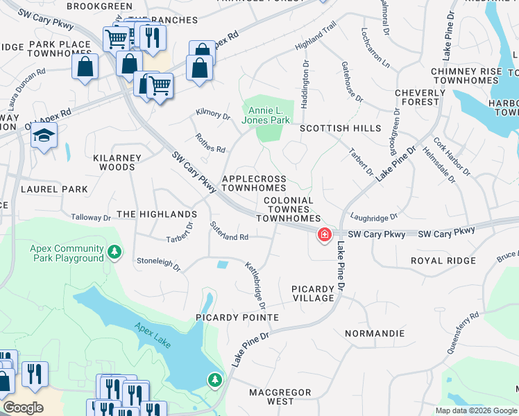 map of restaurants, bars, coffee shops, grocery stores, and more near 102 Glenbuckley Road in Cary
