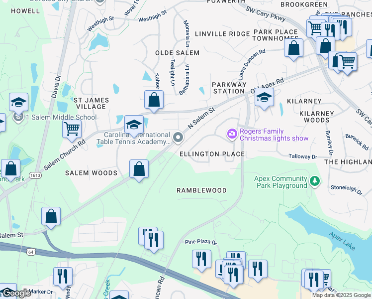 map of restaurants, bars, coffee shops, grocery stores, and more near 860 Bay Bouquet Lane in Apex