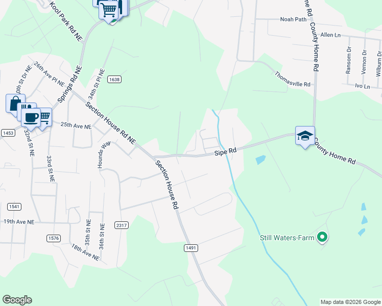 map of restaurants, bars, coffee shops, grocery stores, and more near 2041 Sipe Road in Conover