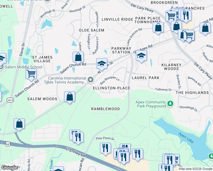 map of restaurants, bars, coffee shops, grocery stores, and more near 623 Laurel Berry Court in Apex