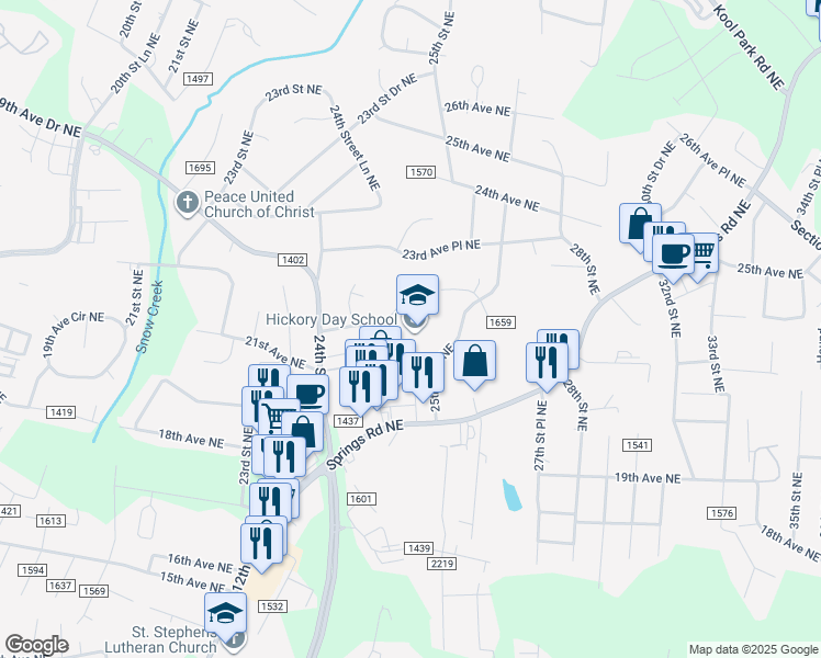 map of restaurants, bars, coffee shops, grocery stores, and more near 2535 21st Avenue Northeast in Hickory