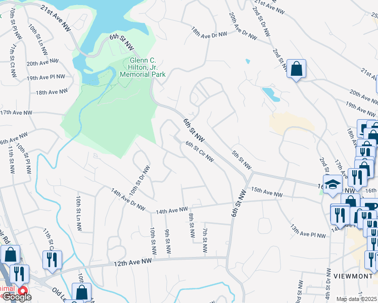 map of restaurants, bars, coffee shops, grocery stores, and more near 1437 6th Street Circle Northwest in Hickory