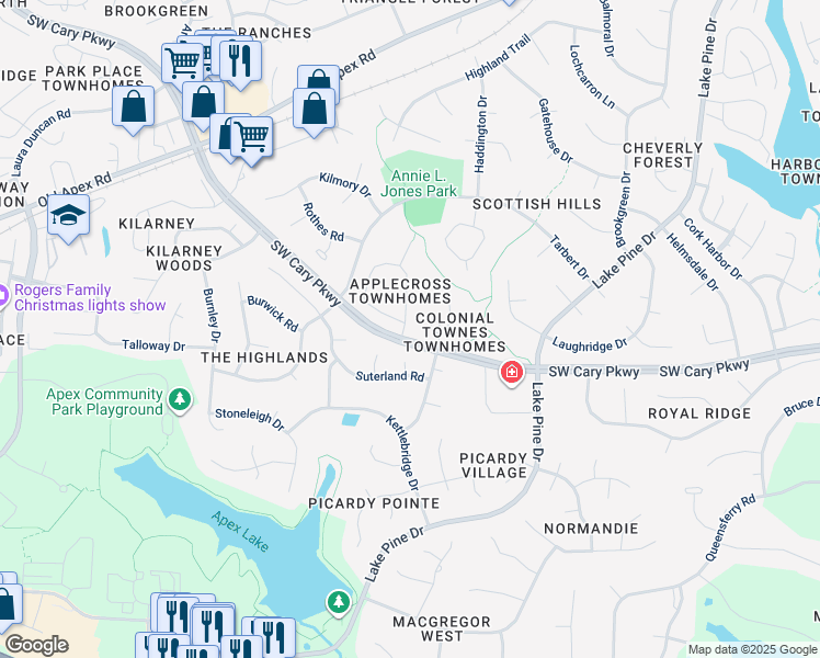 map of restaurants, bars, coffee shops, grocery stores, and more near 106 Applecross Drive in Cary