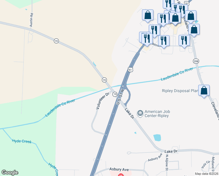 map of restaurants, bars, coffee shops, grocery stores, and more near 51 Tennessee 19 in Ripley