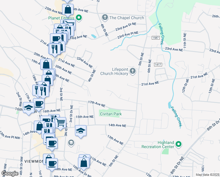 map of restaurants, bars, coffee shops, grocery stores, and more near 431 17th Avenue Drive Northeast in Hickory
