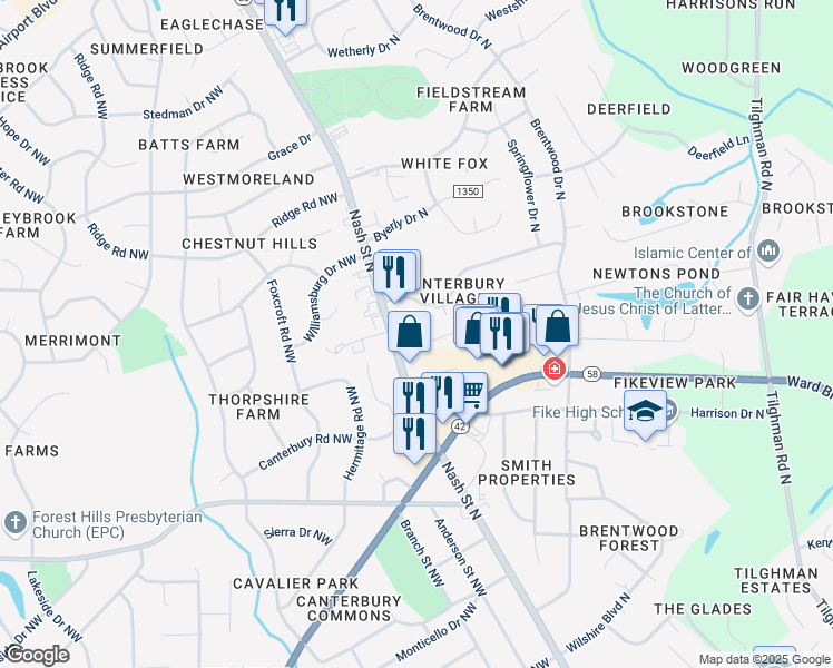 map of restaurants, bars, coffee shops, grocery stores, and more near 2211 Nash Place North in Wilson