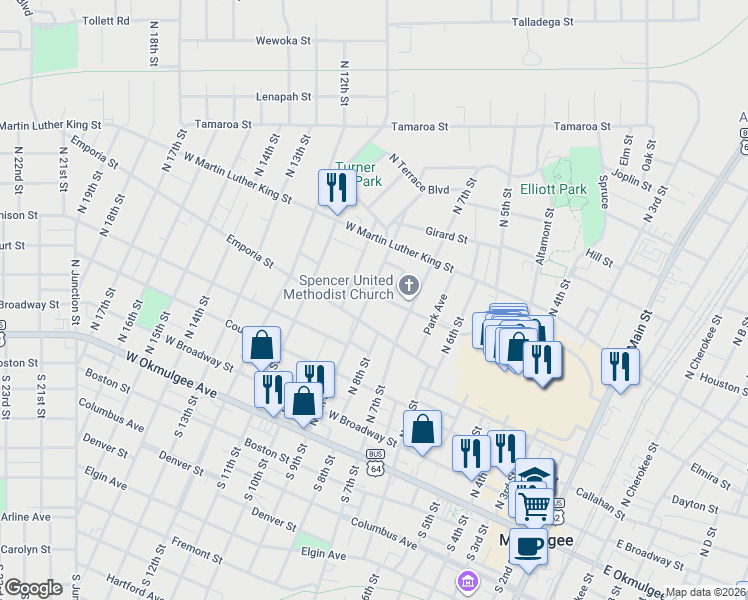map of restaurants, bars, coffee shops, grocery stores, and more near 507 North 7th Street in Muskogee