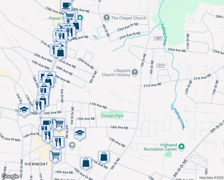 map of restaurants, bars, coffee shops, grocery stores, and more near 431 17th Avenue Drive Northeast in Hickory