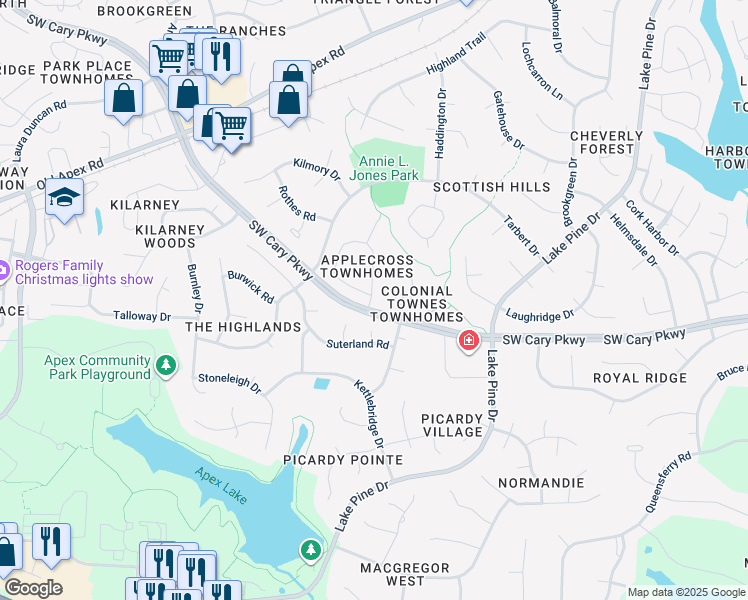 map of restaurants, bars, coffee shops, grocery stores, and more near 106 Applecross Drive in Cary