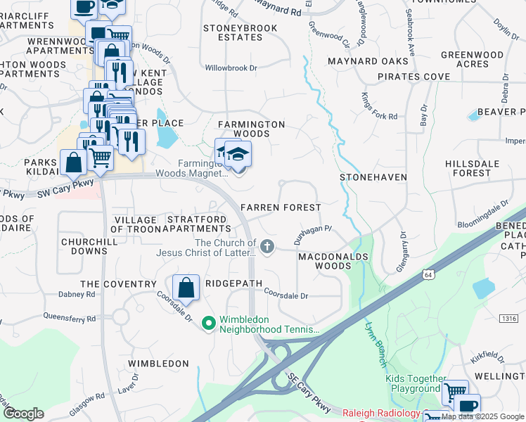 map of restaurants, bars, coffee shops, grocery stores, and more near 107 Brannigan Place in Cary