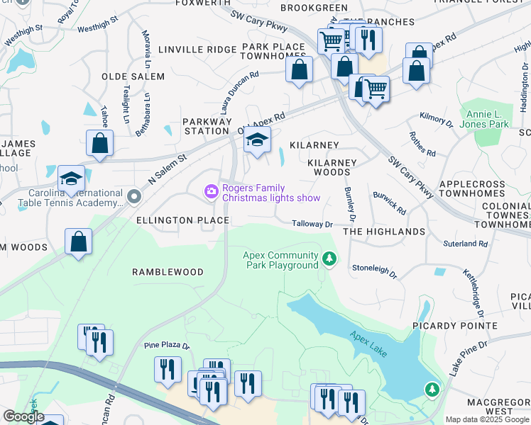 map of restaurants, bars, coffee shops, grocery stores, and more near 1728 Laurel Park Place in Cary
