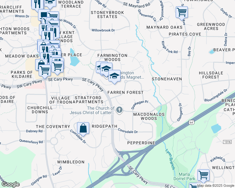 map of restaurants, bars, coffee shops, grocery stores, and more near 107 Brannigan Place in Cary