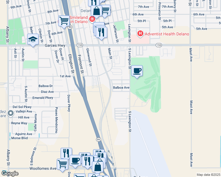 map of restaurants, bars, coffee shops, grocery stores, and more near 141-199 S High St in Delano