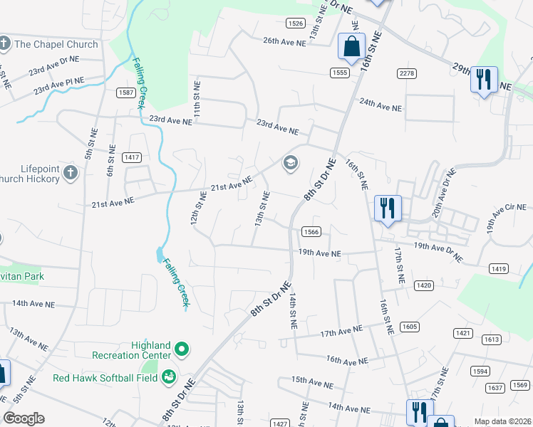 map of restaurants, bars, coffee shops, grocery stores, and more near 2025 13th Street Northeast in Hickory