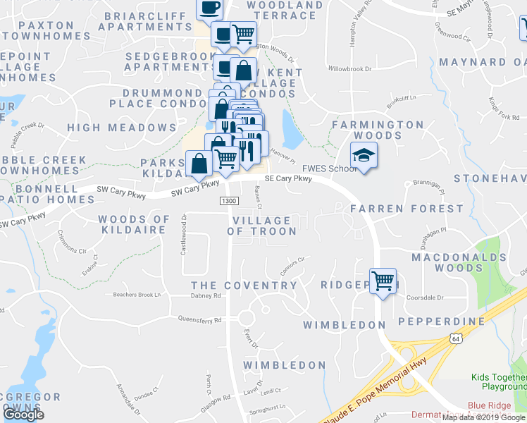 map of restaurants, bars, coffee shops, grocery stores, and more near 213 Baines Court in Cary