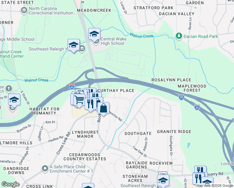 map of restaurants, bars, coffee shops, grocery stores, and more near 1607 Curthay Court in Raleigh