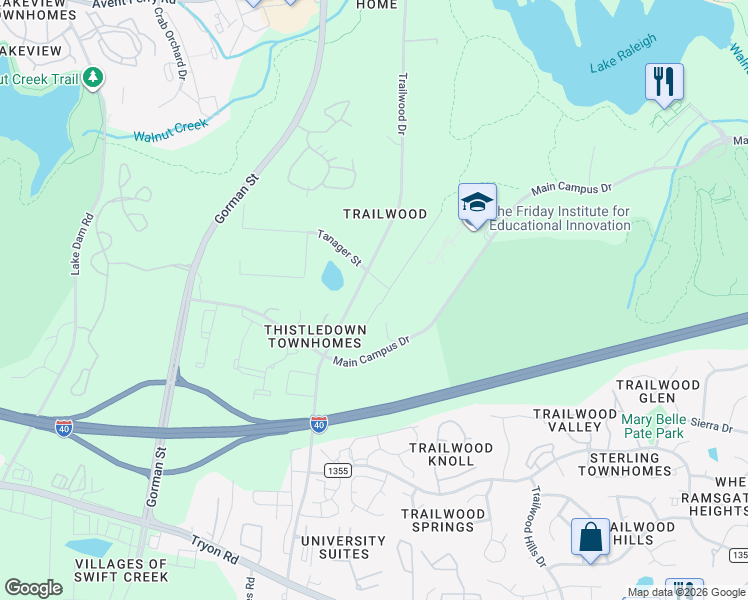 map of restaurants, bars, coffee shops, grocery stores, and more near 1632 Crump Road in Raleigh