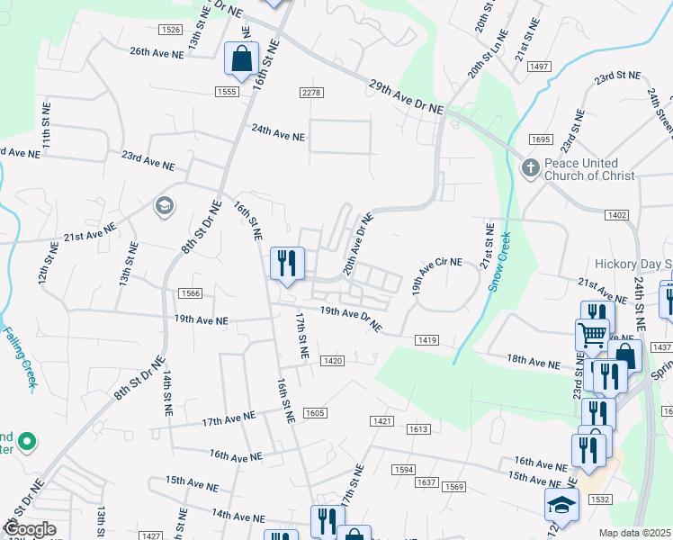 map of restaurants, bars, coffee shops, grocery stores, and more near 1755 20th Avenue Drive Northeast in Hickory