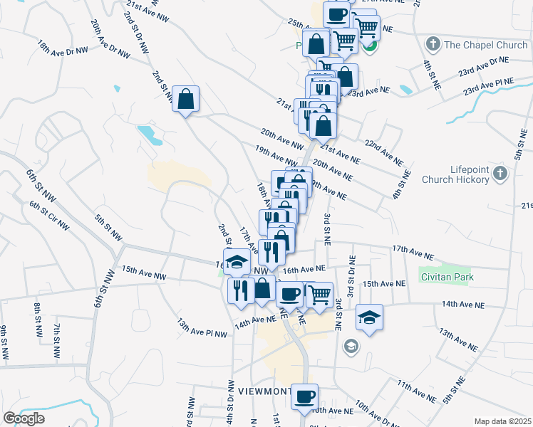 map of restaurants, bars, coffee shops, grocery stores, and more near 47 18th Avenue Northwest in Hickory