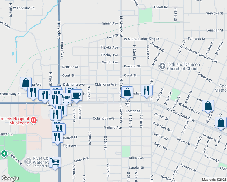 map of restaurants, bars, coffee shops, grocery stores, and more near 2601 Oklahoma Street in Muskogee
