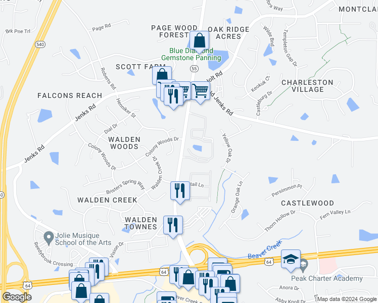 map of restaurants, bars, coffee shops, grocery stores, and more near 1005 Cameron Woods Drive in Apex