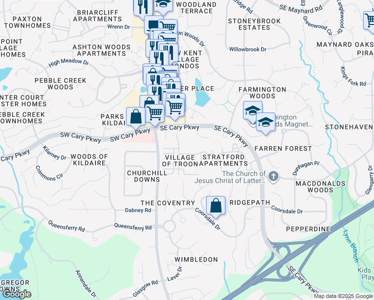 map of restaurants, bars, coffee shops, grocery stores, and more near 1013 Thistle Briar Place in Cary