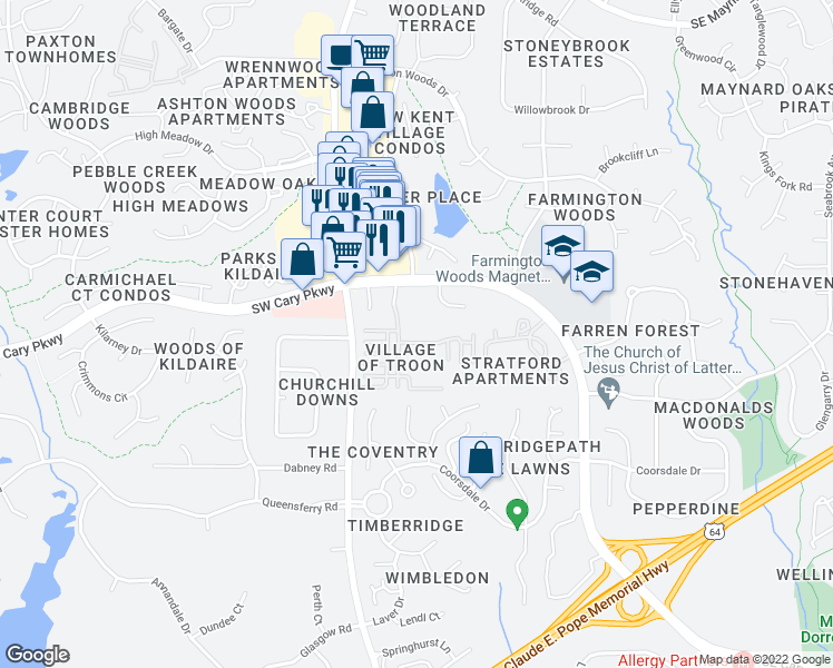 map of restaurants, bars, coffee shops, grocery stores, and more near 1013 Thistle Briar Place in Cary