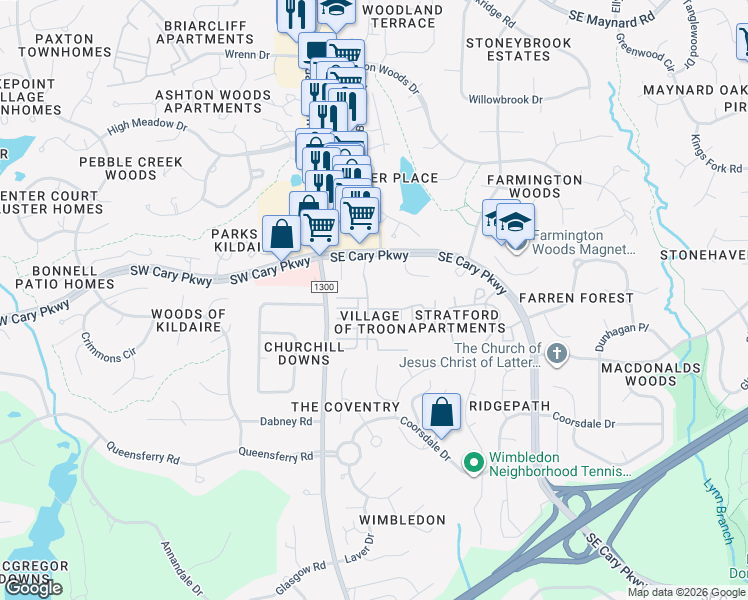 map of restaurants, bars, coffee shops, grocery stores, and more near 213 Baines Court in Cary