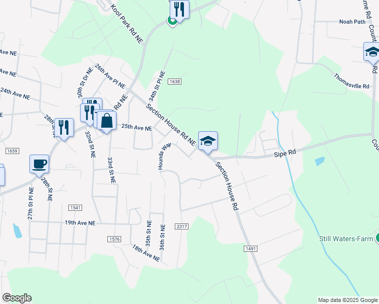 map of restaurants, bars, coffee shops, grocery stores, and more near 2218 Hounds Way in Hickory