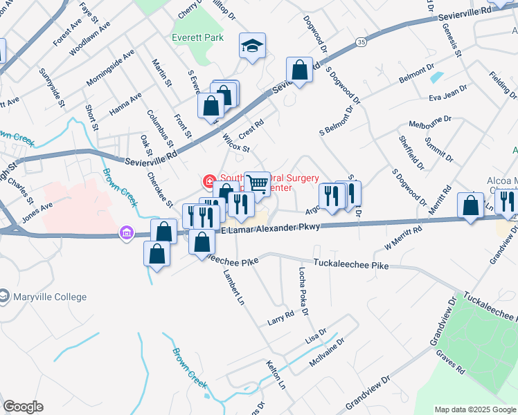 map of restaurants, bars, coffee shops, grocery stores, and more near 1707 East Lamar Alexander Parkway in Maryville