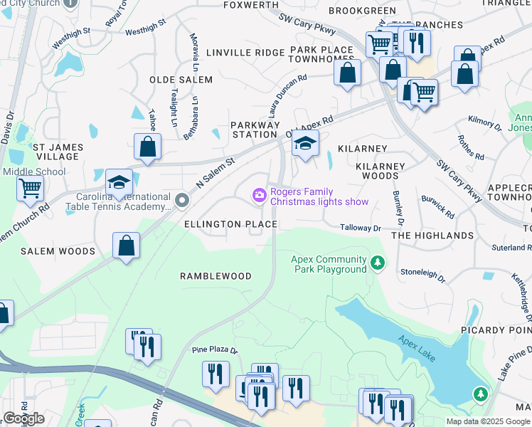 map of restaurants, bars, coffee shops, grocery stores, and more near 637 Sweet Laurel Lane in Apex