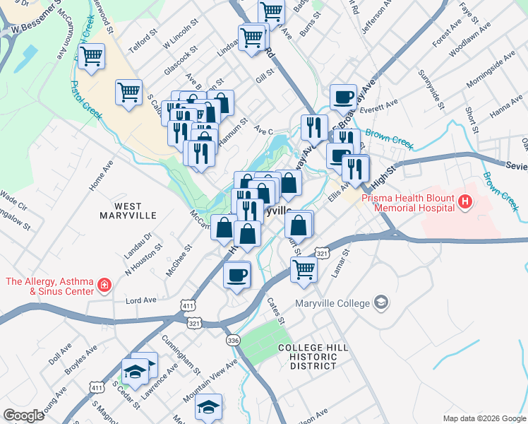 map of restaurants, bars, coffee shops, grocery stores, and more near 161 East Harper Avenue in Maryville