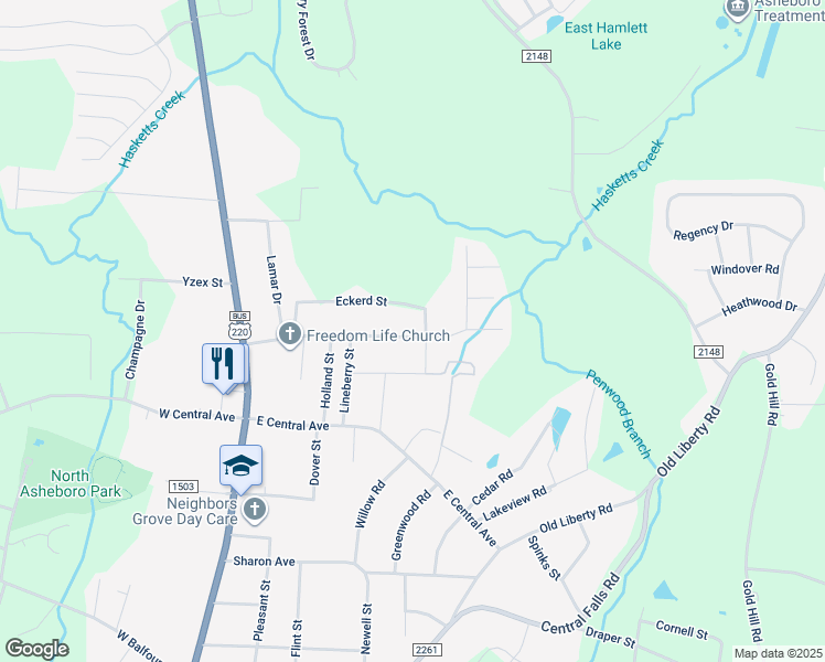map of restaurants, bars, coffee shops, grocery stores, and more near 415 Sunrise Avenue in Asheboro