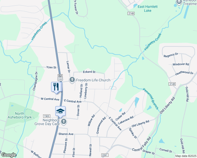 map of restaurants, bars, coffee shops, grocery stores, and more near 409 Sunrise Avenue in Asheboro