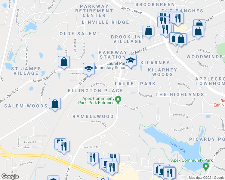 map of restaurants, bars, coffee shops, grocery stores, and more near 637 Sweet Laurel Lane in Apex