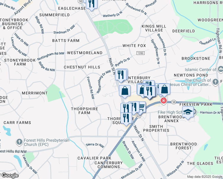 map of restaurants, bars, coffee shops, grocery stores, and more near 2302 Cedar Run Place in Wilson