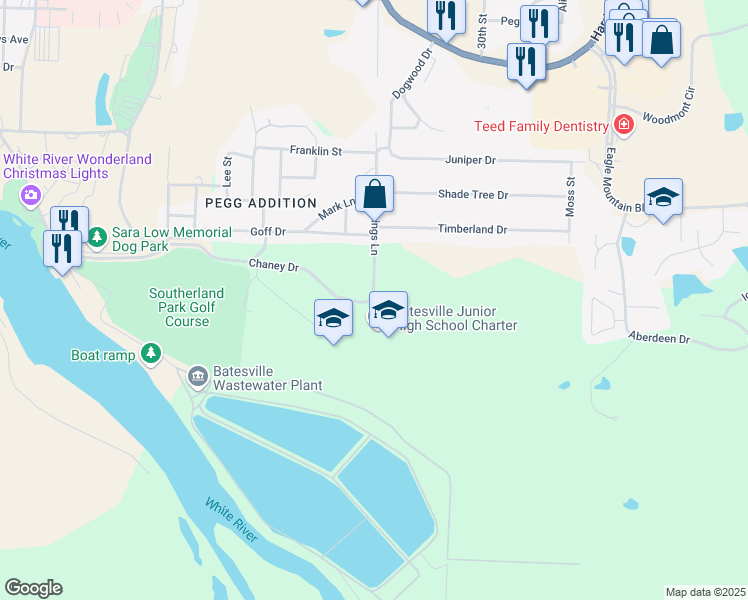 map of restaurants, bars, coffee shops, grocery stores, and more near 2 Pioneer Drive in Batesville