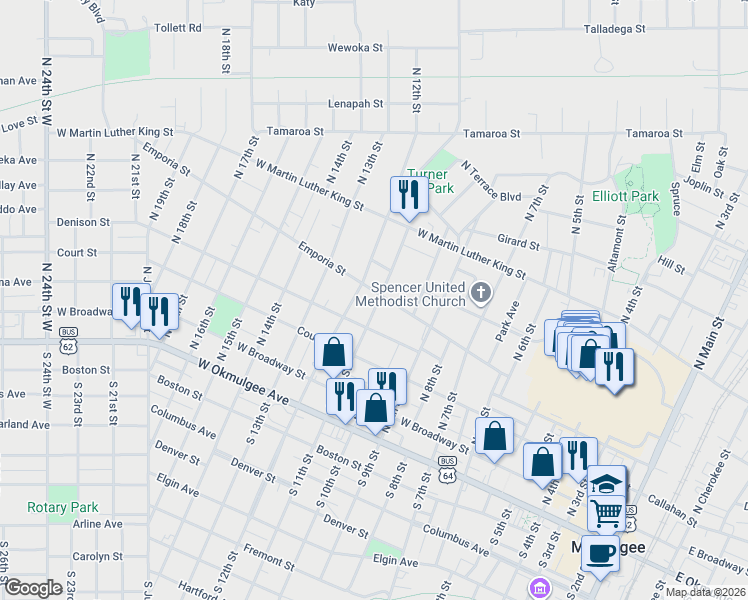 map of restaurants, bars, coffee shops, grocery stores, and more near 1215 Emporia Street in Muskogee