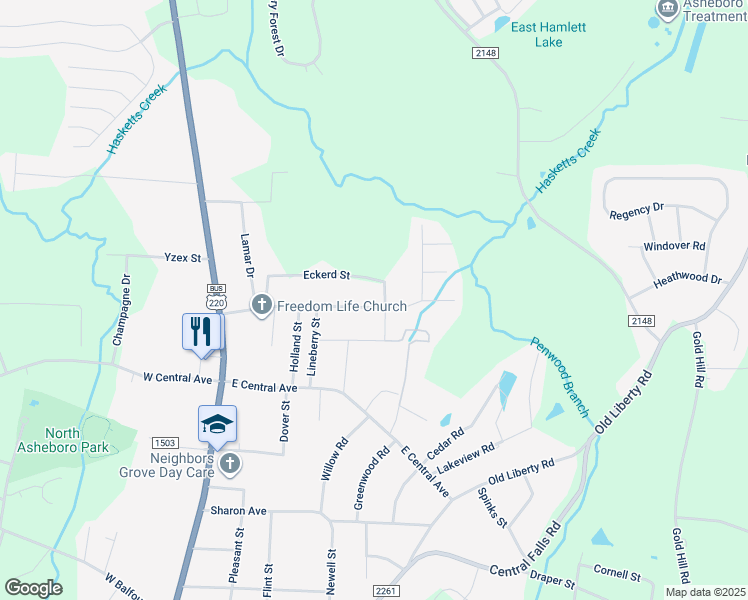 map of restaurants, bars, coffee shops, grocery stores, and more near 415 Sunrise Avenue in Asheboro