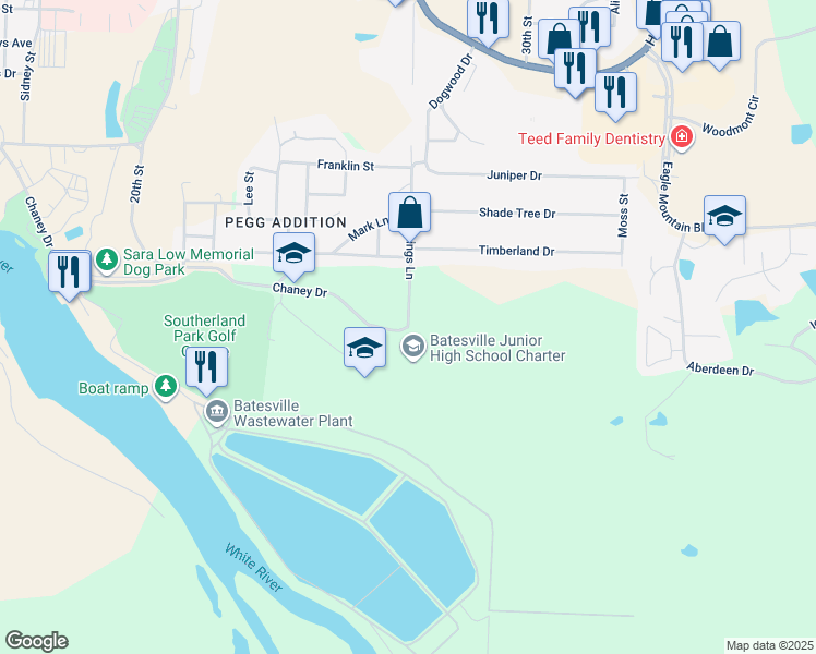 map of restaurants, bars, coffee shops, grocery stores, and more near 1 Pioneer Drive in Batesville