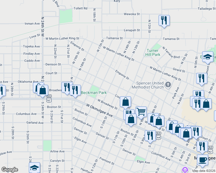 map of restaurants, bars, coffee shops, grocery stores, and more near 411 North 14th Street in Muskogee