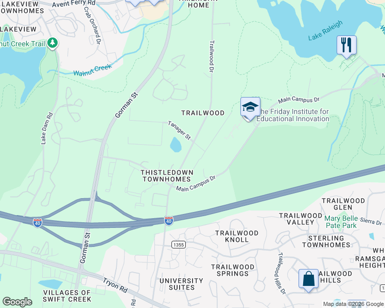 map of restaurants, bars, coffee shops, grocery stores, and more near 3001 Tanager Street in Raleigh