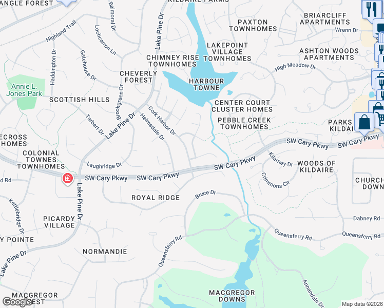 map of restaurants, bars, coffee shops, grocery stores, and more near 109 Kingsmill Road in Cary
