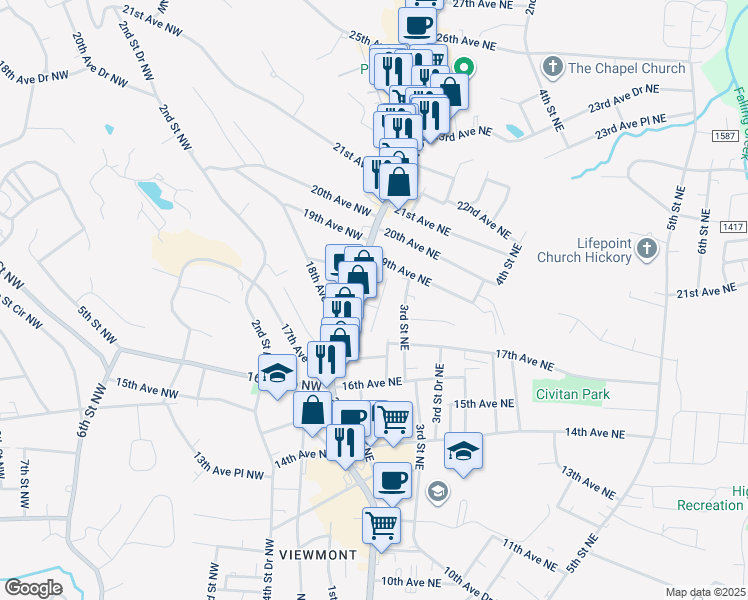 map of restaurants, bars, coffee shops, grocery stores, and more near 25 18th Avenue Northeast in Hickory