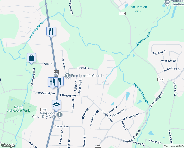 map of restaurants, bars, coffee shops, grocery stores, and more near 409 Sunrise Avenue in Asheboro